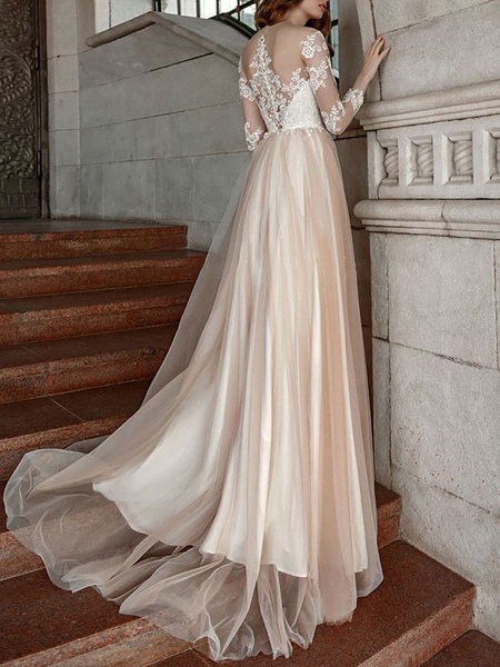 Milanoo Einfaches Brautkleid 2021 eine Linie V-Ausschnitt Langarm Spitze Applique Tüll Brautkleider