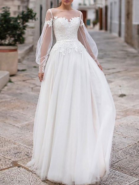 Milanoo simple wedding dresses 2021 a line illusion neck long sleeve lace applique tulle boho weddin