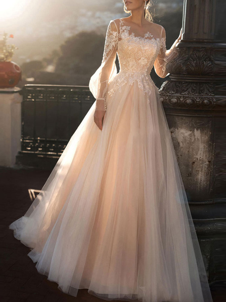 Milanoo wedding dresses 2021 a line illusion neck long sleeve floor length tulle pleated bridal dres