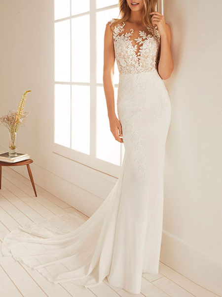 Milanoo simple wedding dress mermaid chiffon jewel neck sleeveless floor length beach bridal gown wi