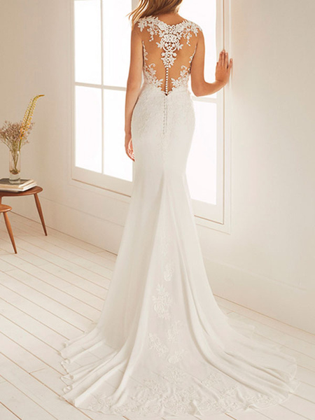 Milanoo simple wedding dress mermaid chiffon jewel neck sleeveless floor length beach bridal gown wi