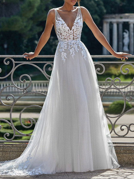 Milanoo simple wedding dress 2021 a line v neck straps sleeveless lace appliqued tulle bridal gown