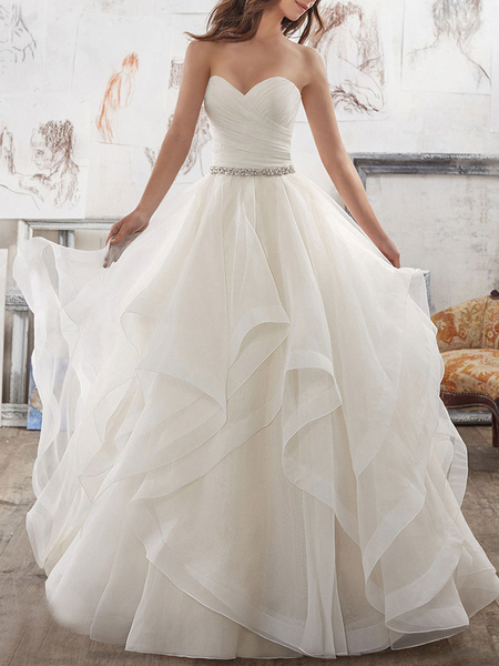 Milanoo Wedding Dresses 2021 Ball Gown Sweet Heart sleeveless Floor Length Asymmetry Hem Tulle Brida