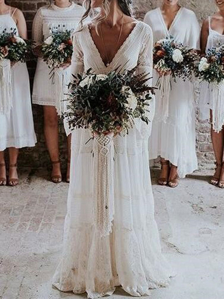 Milanoo boho wedding dresses 2021 a line deep v neck multilayer lace chiffon beach party dress brida