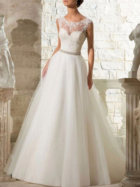 Milanoo wedding dresses 2021 a line beaded jewel neck sleeveless floor length tulle traditional brid