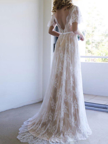 Milanoo simple wedding dress 2021 v neck a line short sleeve deep v backless lace bridal gowns