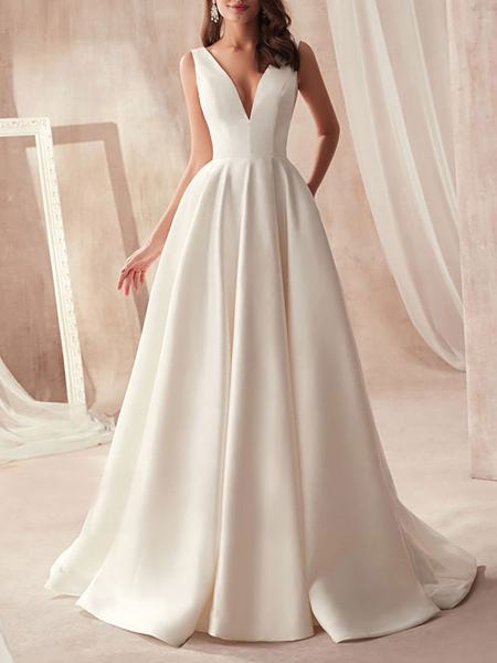 

Milanoo vintage wedding dresses 2021 a line v neck sleeveless floor length pleat bridal gowns with t, Ivory