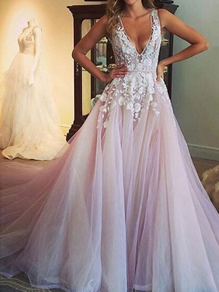 Milanoo wedding dress 2021 deep v neck sleeveless lace flora floor length tulle bridal gowns