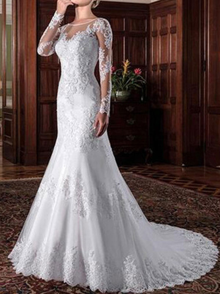 Milanoo vintage wedding bridal dress 2021 sheath illusion neck long sleeve lace applique wedding dre