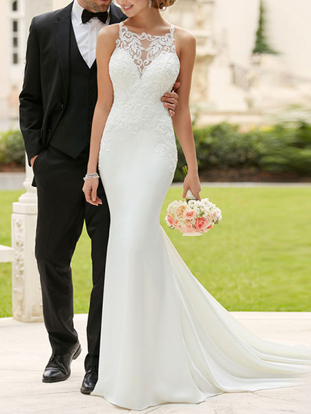 Milanoo wedding dress 2021 simple mermaid bateau neck sleeveless lace appliqued traditional bridal d