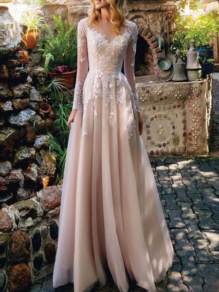 Milanoo simple wedding dress 2021 tulle a line illusion neck lace applique floor length long sleeve