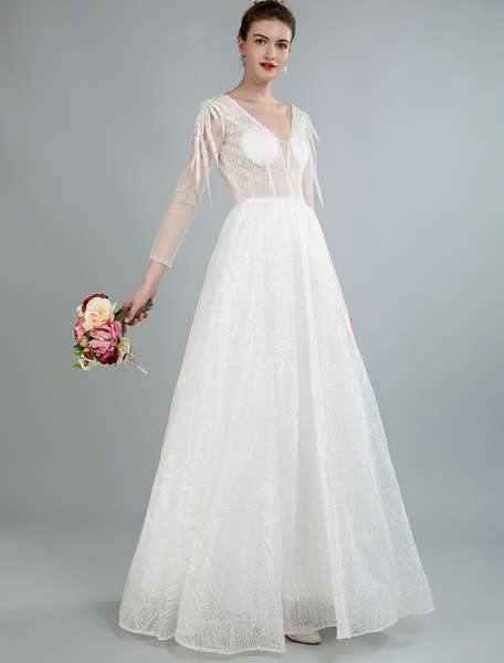 Milanoo Einfache Hochzeitskleid eine Linie V-Ausschnitt mit langen Ärmeln Blumen Applique Brautkleid