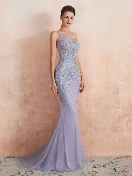 Milanoo Luxus-Kleid 2021 ärmellose Meerjungfrau handgefertigte Perlen formale Party Kleider mit Zug