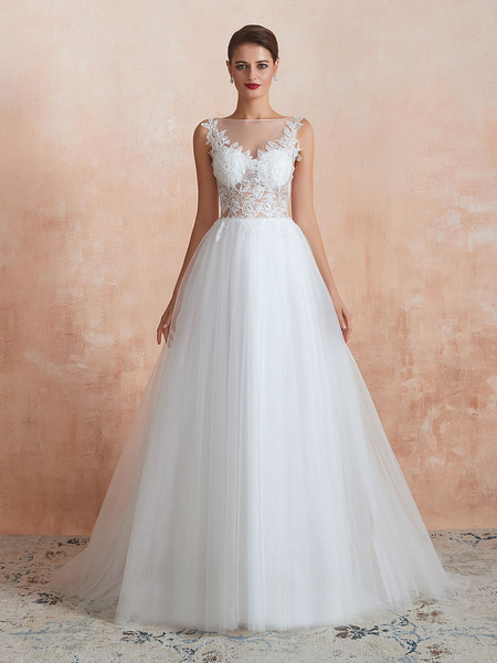 Milanoo Wedding Dress 2021 A Line Sleeveless Lace Floor Length Tulle Bridal Gowns With Train