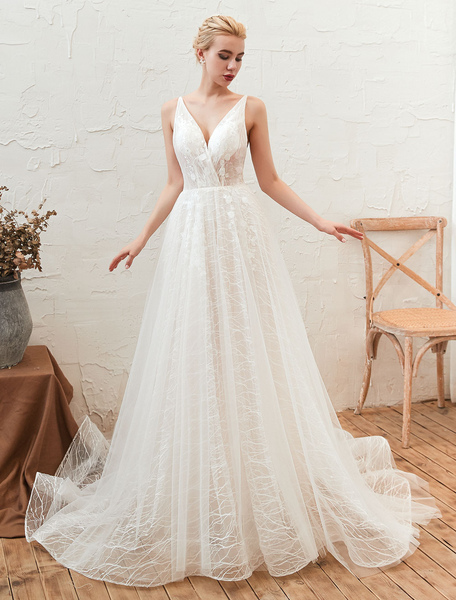 Milanoo Wedding Dress 2021 V Neck A Line Floor Length Lace Appliqued Tulle Bridal Gowns