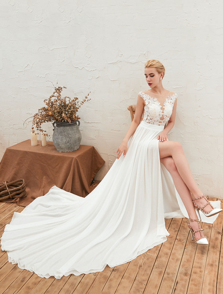 Milanoo Wedding Dress 2021 V Neck Sleeveless A Line Split Chiffon Beach Bridal Gowns With Train