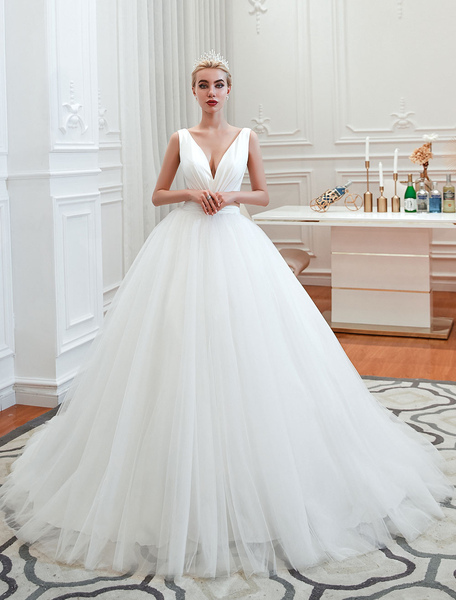 Milanoo Princess Wedding Dress 2021 Ball Gown V Neck Sleeveless Natural Waist Court Train Bridal Gow