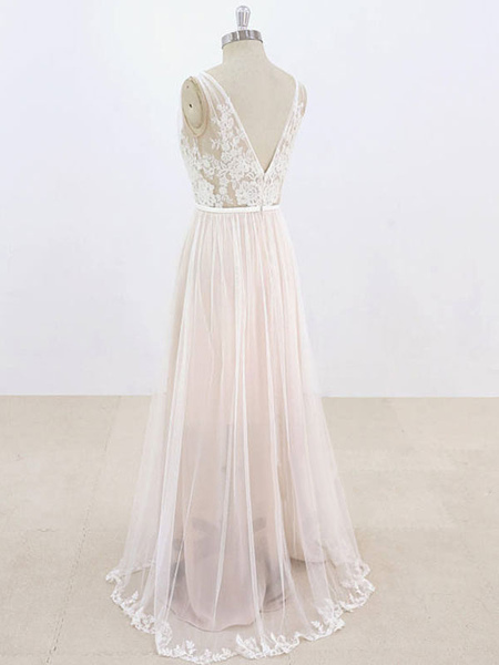 Milanoo Einfache Hochzeitskleid Tüll mit V-Ausschnitt ärmellos plissiert eine Linie Strandhochzeit B