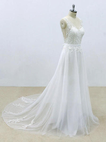 Milanoo Einfaches Hochzeitskleid Eine Linie V-Ausschnitt Ärmellose Spitze Brautkleider Mit Kapelle Z