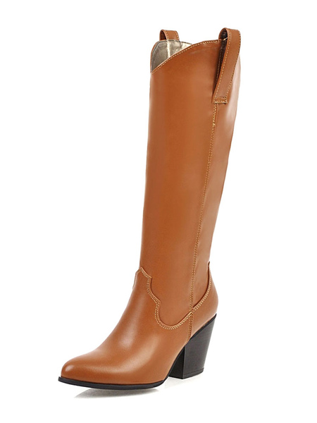 Milanoo Knee High Boots Womens Retro Pointed Toe Chunky Heel Cowboy Boots
