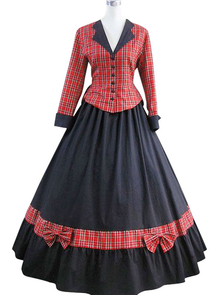 Image of Little Women Costumes Ruffles Plaid Women Fake Two Piece Vintage Clothing