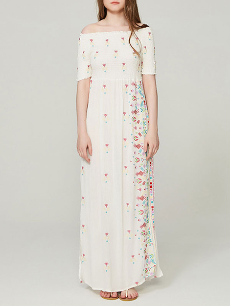 Image of Boho Maxi Dress Embroidered Off The Shoulder Short Sleeves Beach Dress