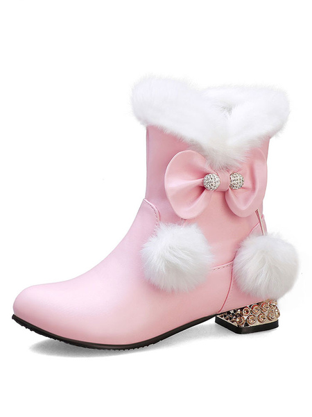 

Milanoo Sweet Lolita Boots Pom Pom Bows Round Toe Pink Lolita Snow Boots, White;pink;black