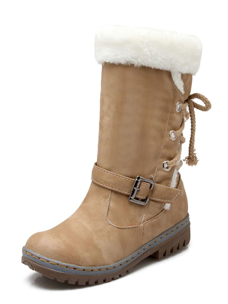 Milanoo Womens Snow Mid Calf Round Toe Buckle Flat Winter Boots