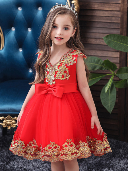 Milanoo Flower Girl Dresses V-Neck Tulle Short Sleeves Knee Length Princess Silhouette Embroidered K