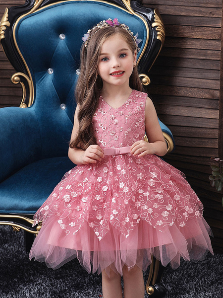Milanoo Flower Girl Dresses V Neck Tulle Sleeveless Knee Length Princess Silhouette Flowers Kids Soc