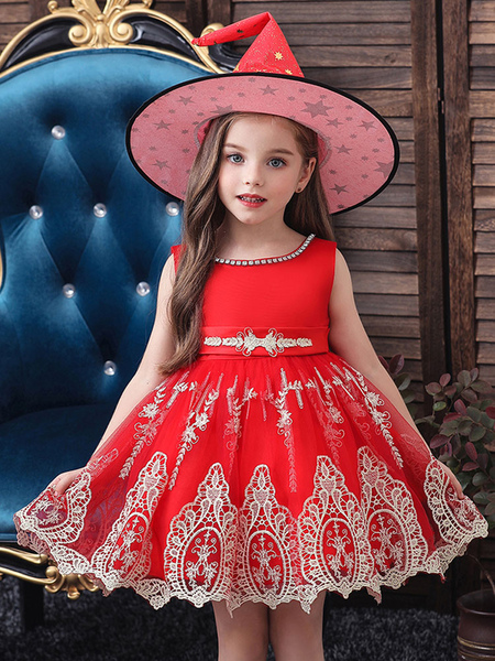 Milanoo Carnival Cosplay Costumes For Kids Red Witch Lace Hot Stamping Dress With Hat for Carnival