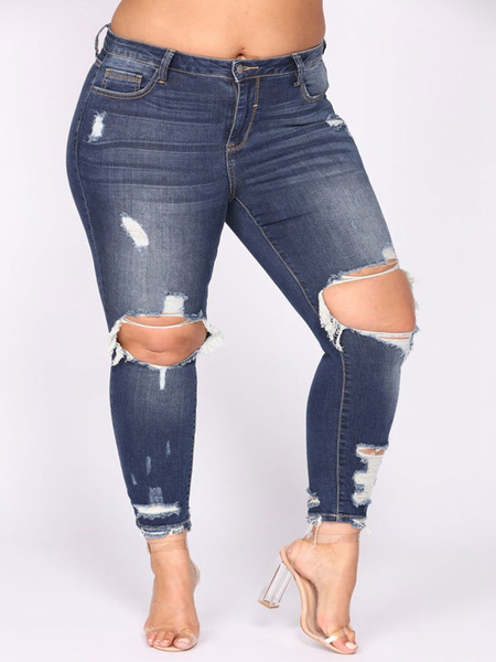 Image of Plus Size Clothes For Women Deep Blue Denim Jeans Slashed Jeans