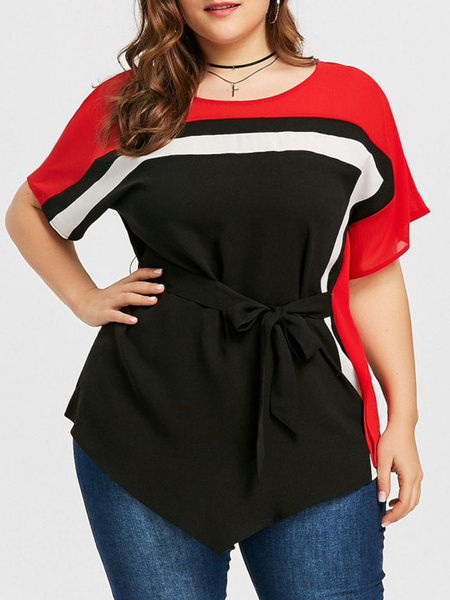 Image of Plus Size Clothes For Women Color Block Black Polyester Top