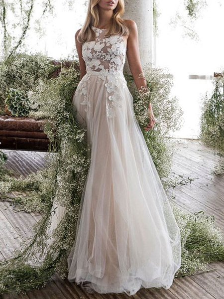 Milanoo Wedding Dress Jewel Neck A Line Sleeveless Flowers FloorLength Backless Bridal Gowns
