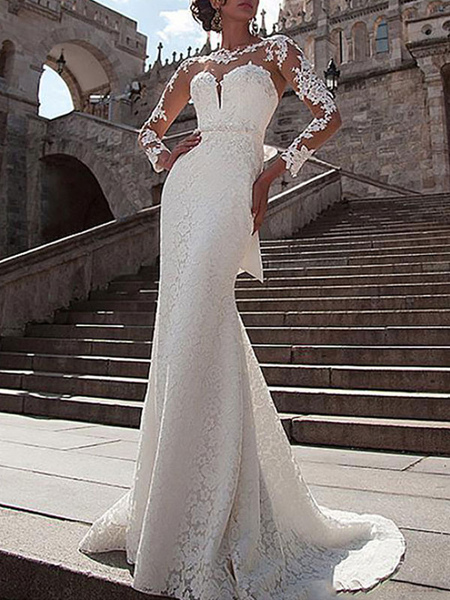 Milanoo Wedding Dress Lace Illusion Neck Long Sleeves Mermaid Bridal Gowns With Court Train