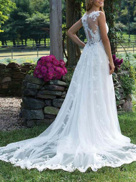 Milanoo Wedding Dress Lace V Neck Sleeveless Sheath Floor Length Bridal Gown With Court Train