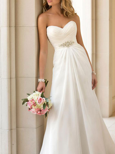 Milanoo Simple Wedding Dress Sheath Sweetheart Neck Sleeveless Pleated Bridal Dresses With Train