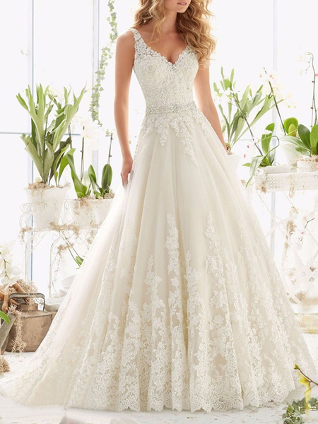 Milanoo Wedding Dresses V Neck Sleeveless A Line Lace Embellishment Beaded Sash Bridal Dresses With