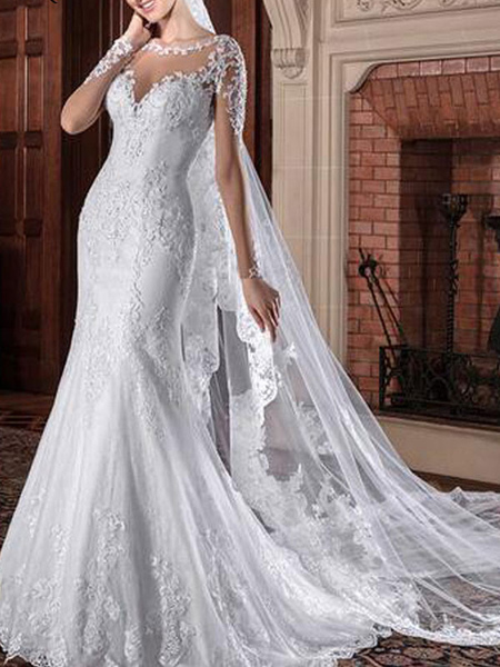 Milanoo Wedding Dresses Jewel Neck Long Sleeves Natural Waist Lace Court Train Bridal Gowns