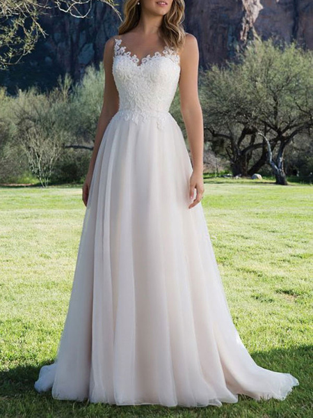 Milanoo Wedding Dress A Line V Neck Sleeveless Lace Beach Party Bridal Gowns With Train