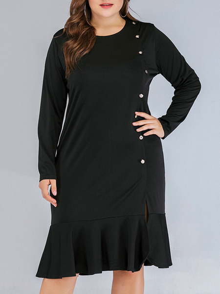 Image of Plus Size Clothes For Women Black Cotton Blend Midi Dress