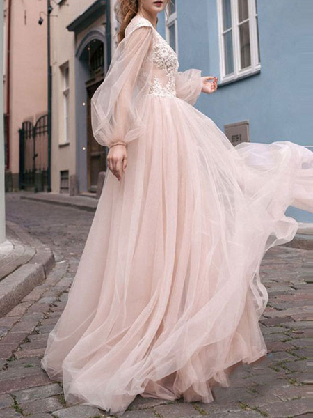 Milanoo Hochzeitskleid mit V-Ausschnitt eine Linie mit langen Ärmeln Spitze Perlen Vintage Brautklei
