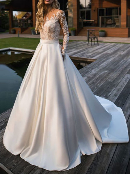 Milanoo Wedding Dress Princess Silhouette Jewel Neck Long Sleeves Natural Waist Lace Satin Fabric Br