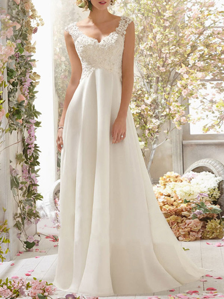 Milanoo Hochzeitskleid A Line V-Ausschnitt ärmellose Spitze Flora Perlen Brautkleider mit Zug