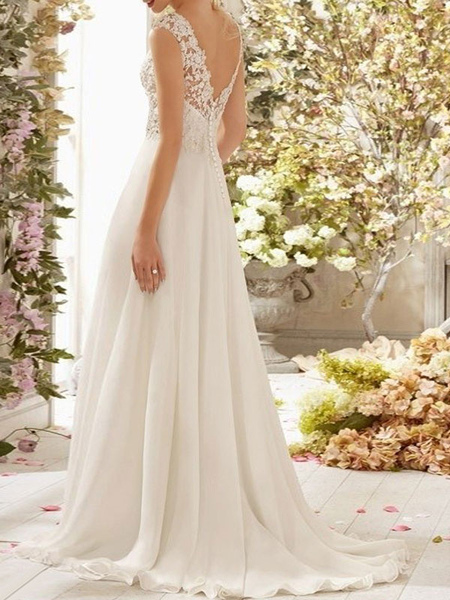 Image of Wedding Dress A Line V Neck Sleeveless Lace Flora Beaded Bridal Dresses With Train