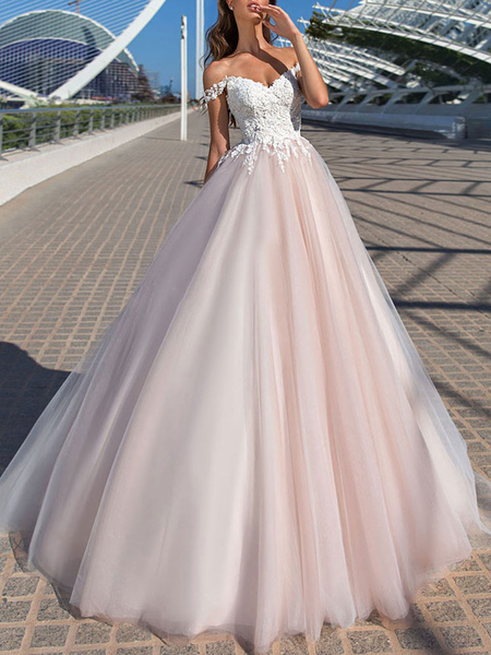 Milanoo Wedding Dress Princess Silhouette Court Train Off The Shoulder Sleeveless Natural Waist Lace