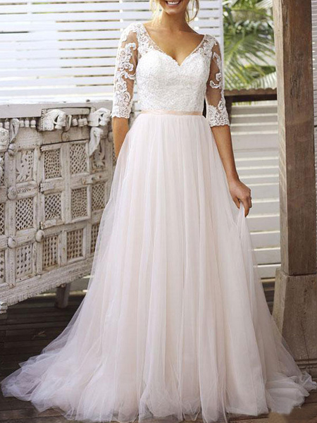 Milanoo Wedding Dress A Line V Neck Half Sleeves Lace Tulle Bridal Dresses With Train
