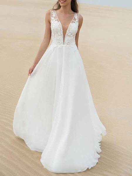 Milanoo Simple Wedding Dress A Line V Neck Sleeveless Lace Illusion Back Bridal Gowns