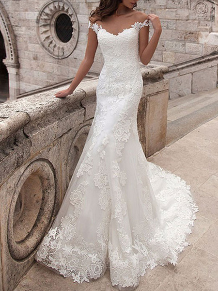 Milanoo Wedding Dresses Off The Shoulder Short Sleeves Lace Mermaid Bridal Dresses With Train