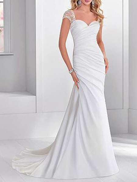 Milanoo Einfache Hochzeitskleid Lycra Spandex herzförmiger Ausschnitt kurzen Ärmeln Perlen Meerjungf